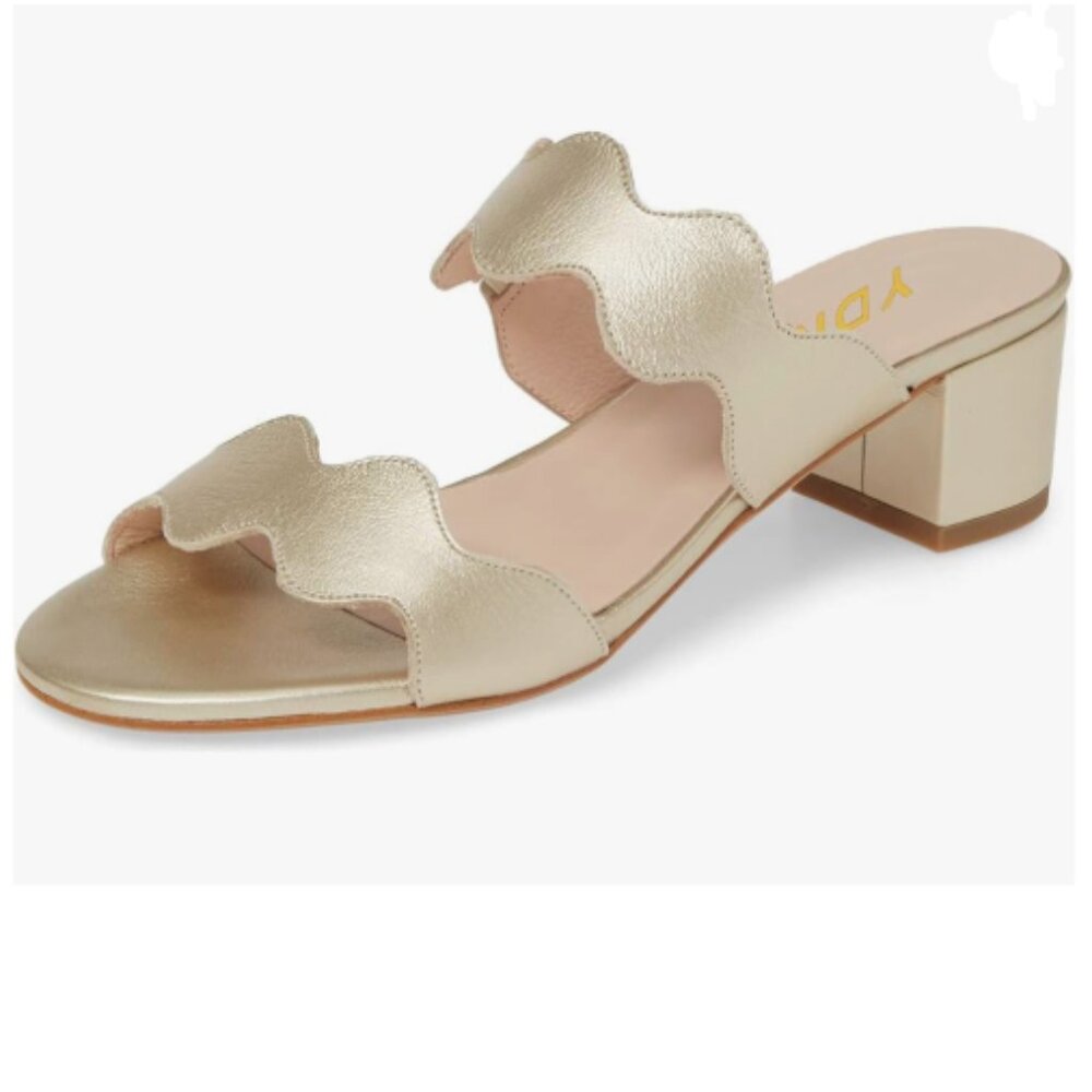 YDN Gold Strappy Sandals Opentoe Mules Slip On Chunky Heel Comfortable Walking